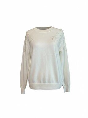 Nanette Lepore Pearl Embellished Floral Classic Old Money Sweater Cream